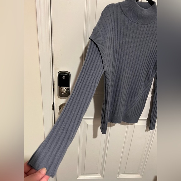 Pure Amici Women's Sz Large 100% Cashmere Blue Mock Neck Ribbed Knit Sweater - Picture 4 of 11